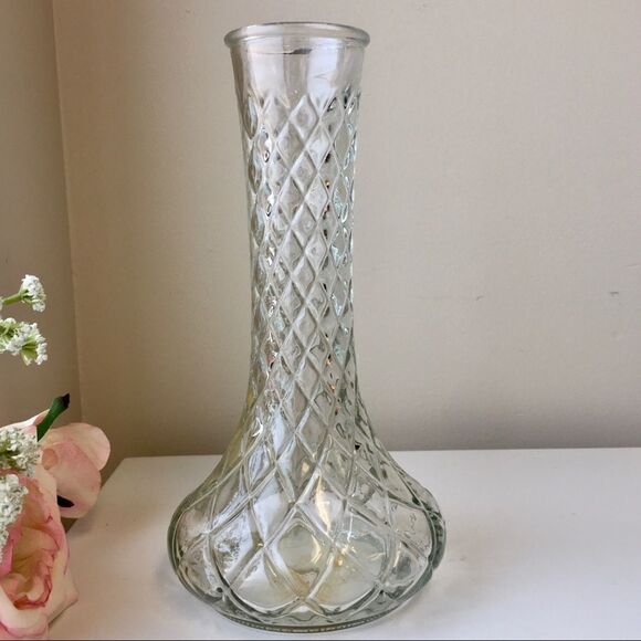 Vintage Hoosier Glass Quilted Diamond Clear Vase - Picture 1 of 12